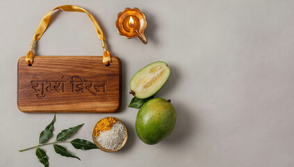 Celebrate Ugadi with a flatlay of traditional items and symbols representing Indian culture