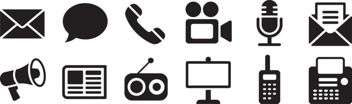 Communication media and technology icons set illustration various contact and electronic devices silhouette collection