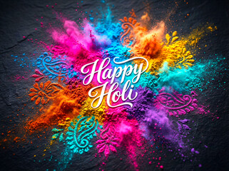 Happy holi greetings design with vibrant colorful powder on dark background