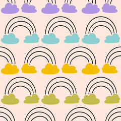 Multicolor Clouds with Line Rainbows Vector Seamless Pattern