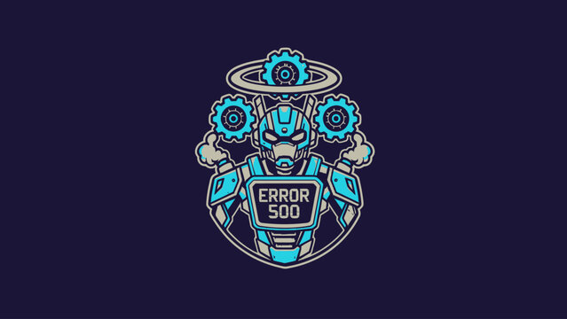 Neon Error 500 Robot Mascot Logo Illustration. Futuristic Cyborg Character Design for Esports, Gaming, and System Failure Screens.