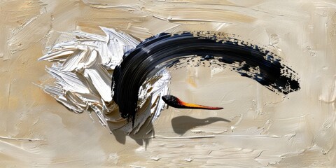 Abstract painting combining black and white brushstrokes on beige canvas