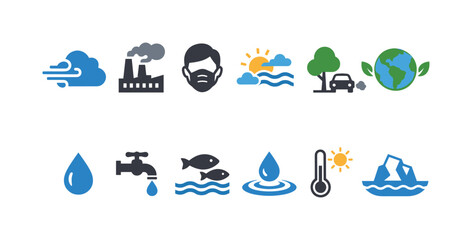 Fototapeta premium Environmental impact icon set showing air pollution, mask, industry emissions, clean energy, water conservation, wildlife, climate warming, and melting ice