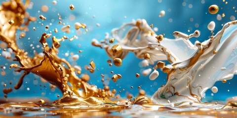 White and gold paint splashing over blue background