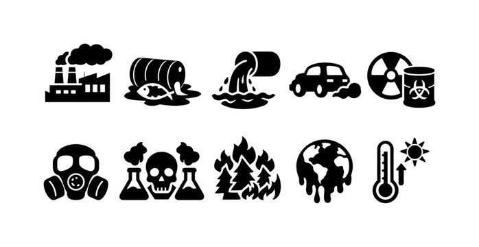Black pollution and environmental hazard icons set with factory smoke, oil spill, wastewater, car emissions, radiation, toxic symbols, fire, globe, thermometer