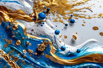 Abstract blue and gold acrylic painting creating fluid art with bubbles