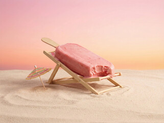 Pink ice cream bar lounging on beach chair with striped umbrella at sunset