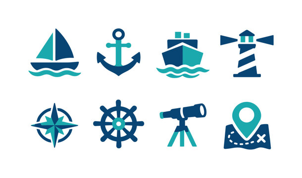 Set of nautical navigation icons including sailboat, anchor, ship, lighthouse, compass, ship wheel, telescope, and map marker in blue tones
