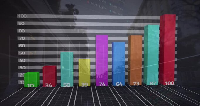 Animation of statistical data processing against time-lapse of people walking on the city bridge