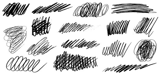 Crayon pencil scribbles, messy doodles and curved lines. Hand drawn pencil curly brush strokes, squiggles, tangle thin rough lines. Vector charcoal freehand stripes and ink shapes sketch texture. © PawLoveArt
