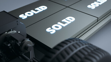 Close up solid state battery cells for electric vehicle. 3d rendering