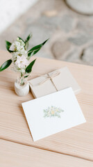 Elegant wedding card mockup featuring floral design on a wooden table with a delicate flower arrangement nearby
