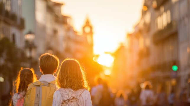 Children walk on a city street at sunset while others move around them