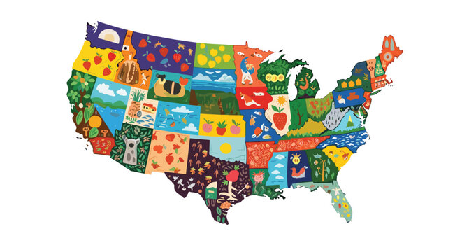 Decorative and educational map of the United States features colorful illustrations of local landmarks, nature, and culture within each state boundary.