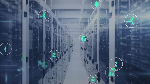 Animation of multiple icons with lens flares over bars on data server racks in server room