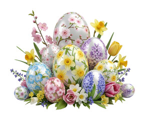 Easter celebration with colorful eggs and flowers springtime isolated on transparent background