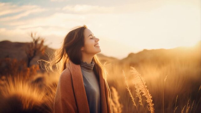 Serene woman standing in a sunlit field at sunset eyes closed and breathing deeply symbolizing freedom calmness and mindful presence