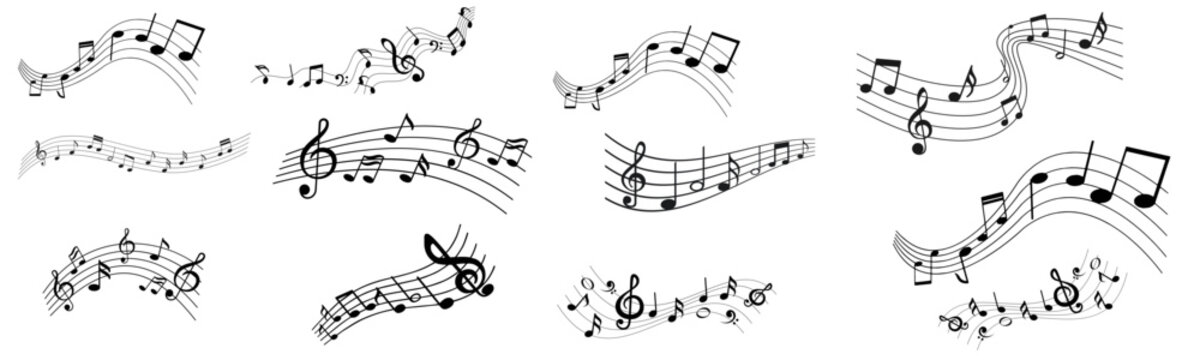 Music notes wave. collection. Elegant swirling compositions for music posters. Vector