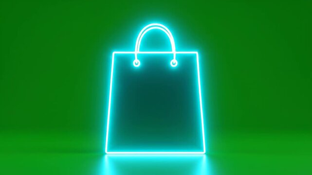 Glowing neon shopping bag icon bright cyan outline on green background.