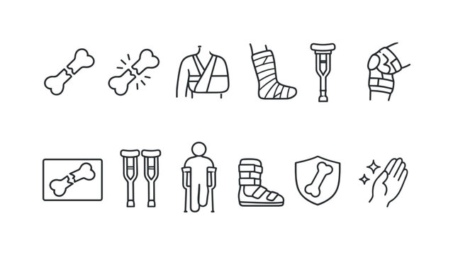 Minimal line icon set for orthopedic injury and recovery, including broken bone, casts, splints, crutches, brace, protection and hygiene hands