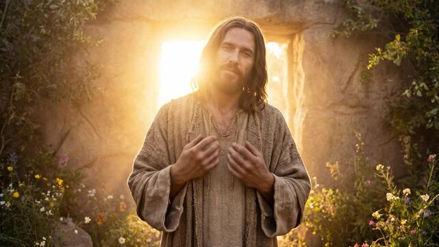 Jesus Christ is risen from tomb, illuminated by radiant golden light, embodying resurrection and new life, for Easter celebration.