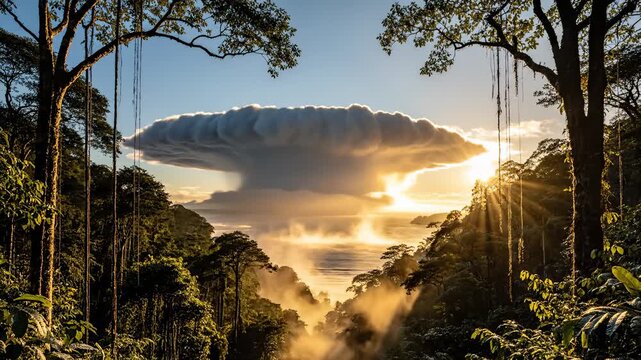 Mushroom Cloud Forming Over Ocean Seen Through Jungle Trees at Sunset