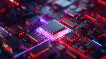 Futuristic processor computer chip digital circuit neon glow cyber technology data network high tech artificial intelligence innovation concept electronic component motherboard central unit