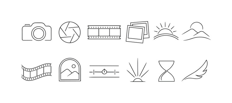 Minimal line icon set featuring camera, aperture, filmstrip, photo stack, sunrise, mountains, hourglass, feather, and landscape symbols