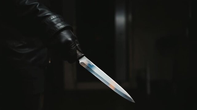 Dangerous criminal wearing a leather jacket and gloves holding a sharp knife with reflections on the blade, walking slowly in a dark, mysterious, and menacing cinematic environment
