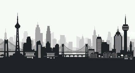 Fototapeta premium Monochrome Skyline Silhouette with Skyscrapers and Bridges.