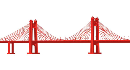 Red Cable-Stayed Bridge with Two Towers and Suspension Cables.