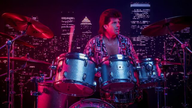 Dynamic drummer performing on stage with city lights and neon glow