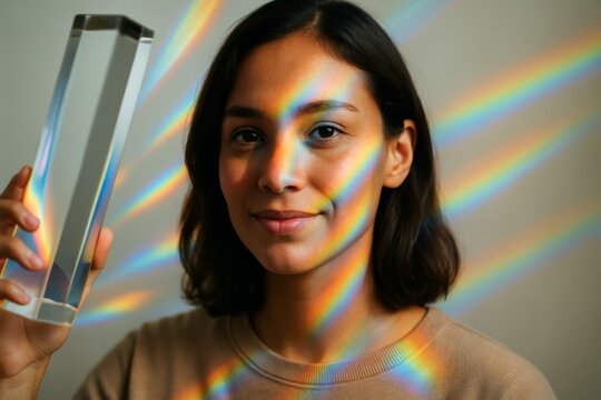 Woman holding prism casting rainbow light patterns on face with soft abstract rainbow reflections in background, symbolizing creativity and vision. Ai generative