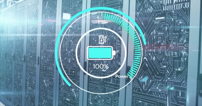 Animation of battery charge digital data processing over computer servers