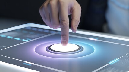 Finger Activating Glowing Button on Modern Digital Touchscreen Interface hand pressing