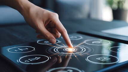 Finger interacting with a digital interface displaying circular icons and glowing center
