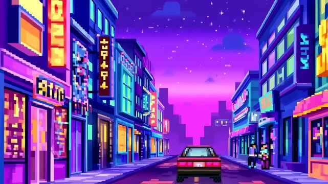Pixelated city street at night, vibrant neon lights and buildings