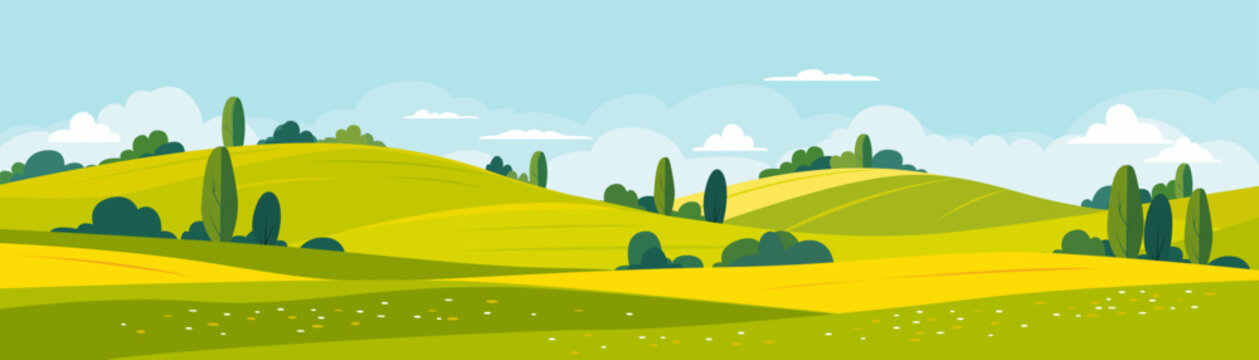 Panoramic landscape of beautiful fields, blooming meadows, and hills. Summer panoramic view of green fields and meadows. Vector illustration of summer nature.