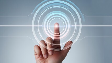Finger Touching Concentric Glowing Circles on Futuristic Interface hand pressing