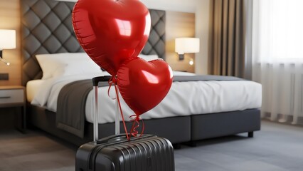 Romantic Travel Concept with Heart Balloons and Suitcase in Hotel Bedroom, A black suitcase with red heart-shaped balloons, modern hotel room - Valentine's day celebration, romantic getaways, couple