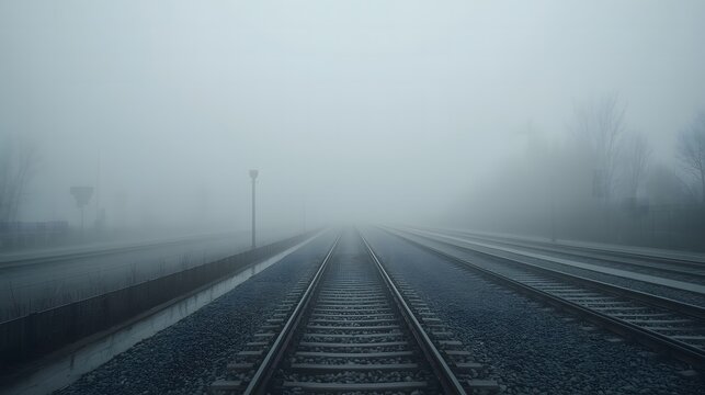 Foggy train tracks background, industrial travel, transportation concept