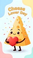 Naklejka premium Celebrate Cheese Lover Day with a Cute Cheese Slice Holding a Heart, surrounded by colorful confetti, perfect for festive greetings and culinary promotions
