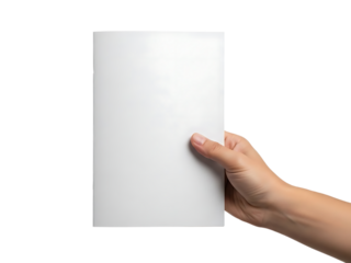 Hand holding a blank white booklet or brochure isolated on a transparent background image