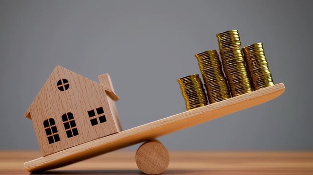 A wooden house and stacks of gold coins on a seesaw, suggesting a financial imbalance regarding housing costs