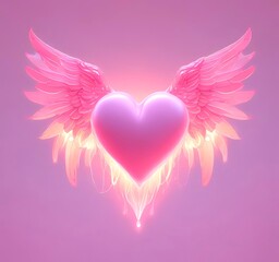 Glowing heart with wings, Valentine fantasy concept, pastel pink tones, clean background