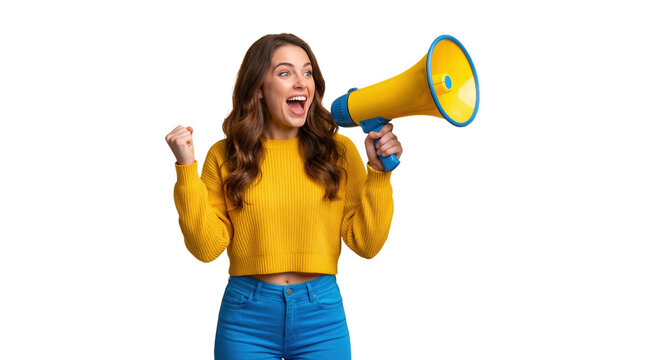 Excited young woman shouting through yellow megaphone with fist pump isolated on transparent background