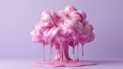 Pink melting cloud structure dripping thick liquid paint surrealism sculpture on purple background representing creativity and abstract art forms or dreamlike fantasy world concepts