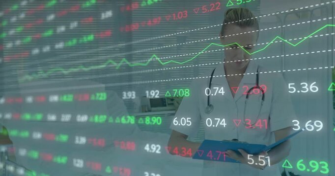 Financial charts sliding causing doctor annotating blue folder with pen tracking market data