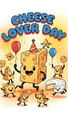 Naklejka premium Happy Cheese Lover Day celebration with cute cheese characters and balloons