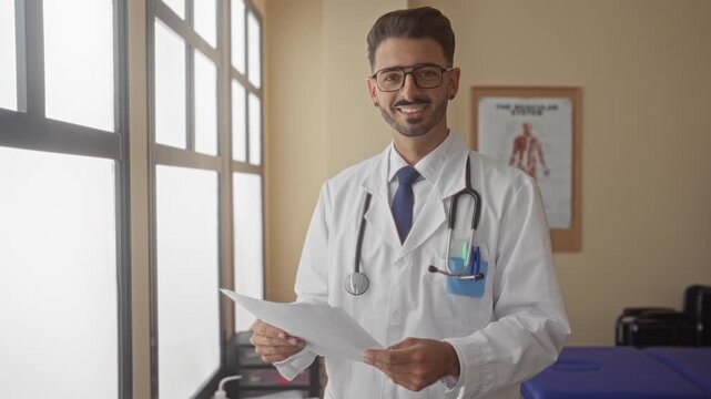Man reading medical document by window in clinic consultation room; knowledge dedication empathy calm.